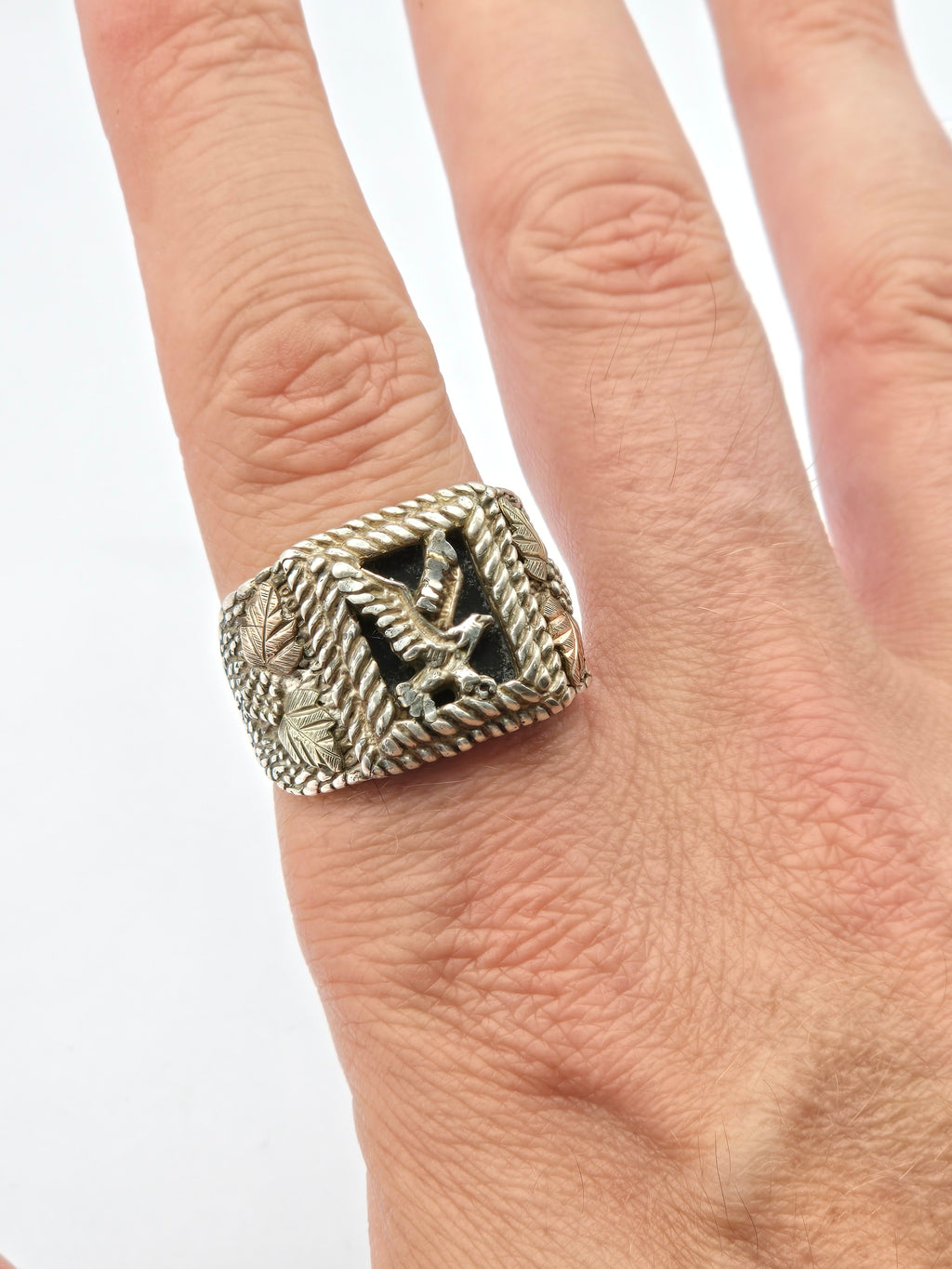 macro of eagle motif and bezel setting