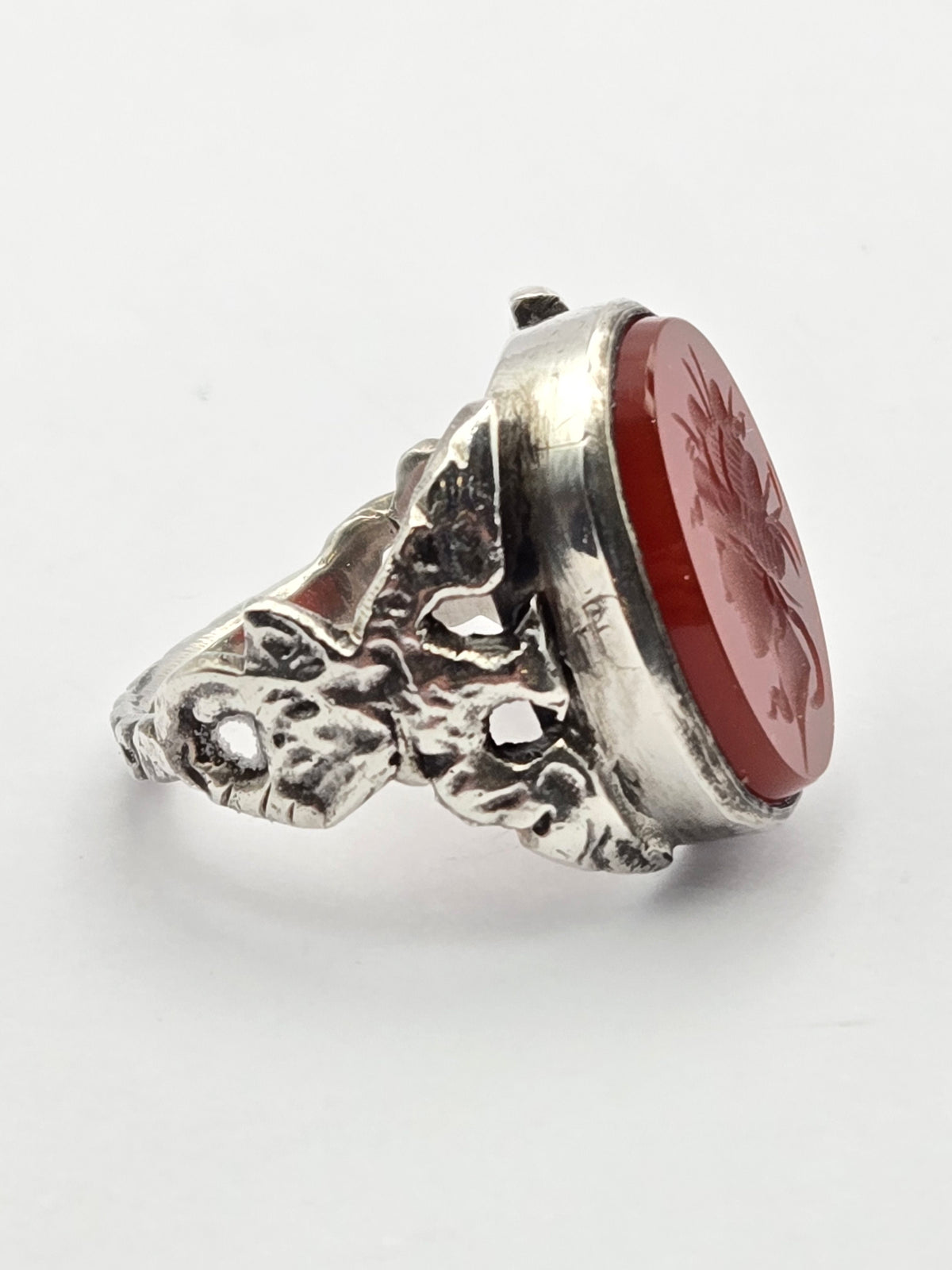 top view of sterling carnelian intaglio ring showing goddess and eagle