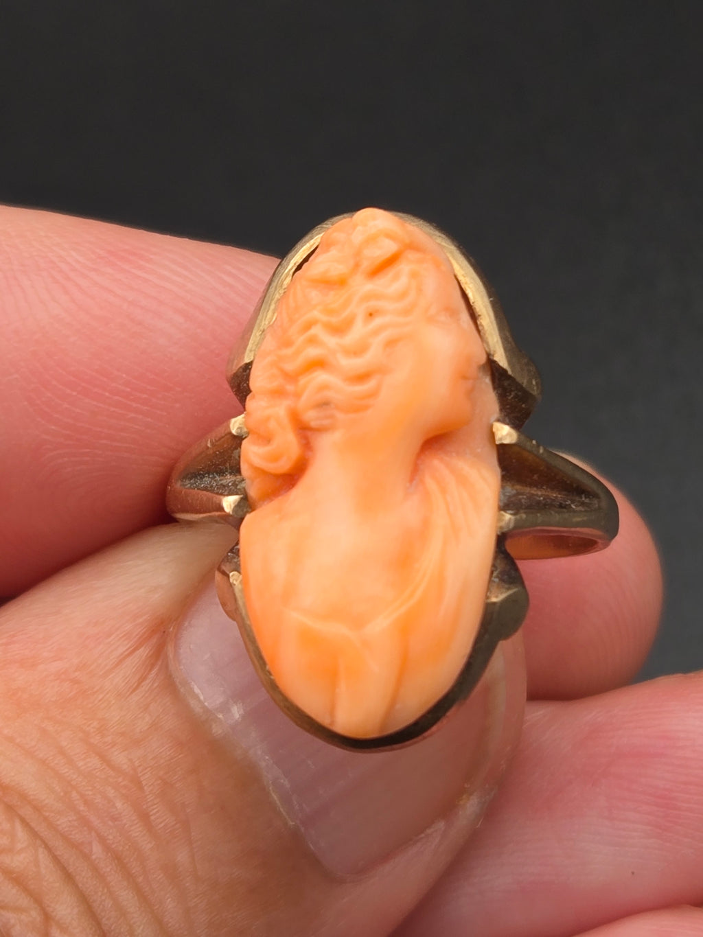 detail of cameo carving with facial features and hair