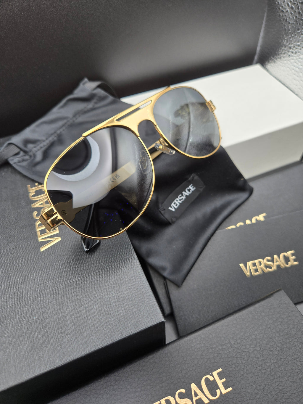 NEW Authentic Versace Clarck Pilot Sunglasses In Box With Papers VE2302 152387 Gold And Dark Grey