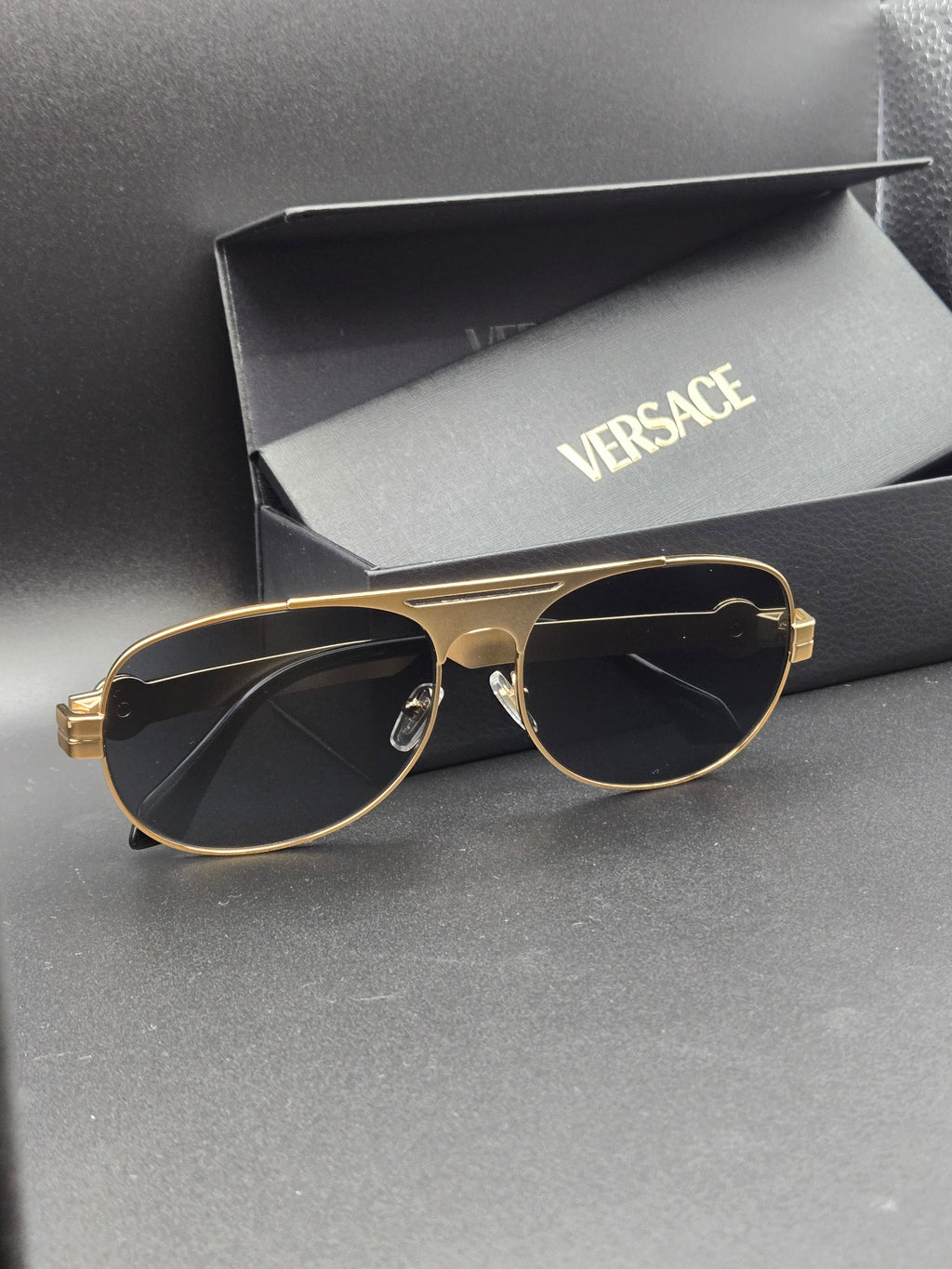NEW Authentic Versace Clarck Pilot Sunglasses In Box With Papers VE2302 152387 Gold And Dark Grey