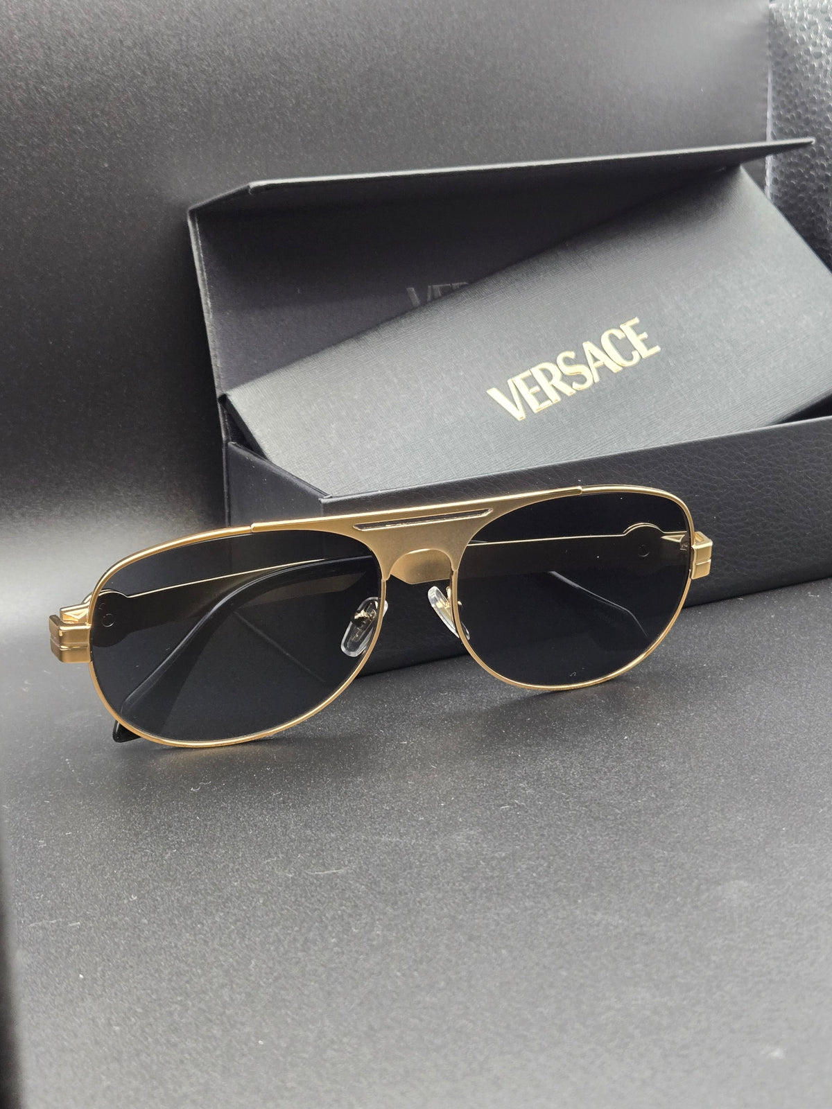 NEW Authentic Versace Clarck Pilot Sunglasses In Box With Papers VE2302 152387 Gold And Dark Grey