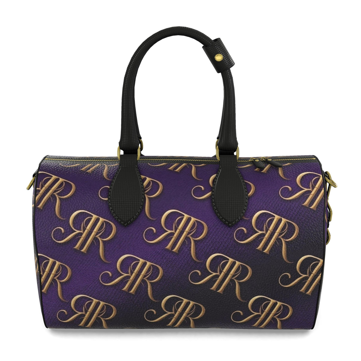 flat lay of premium leather duffle showing RR monogram and brass hardware