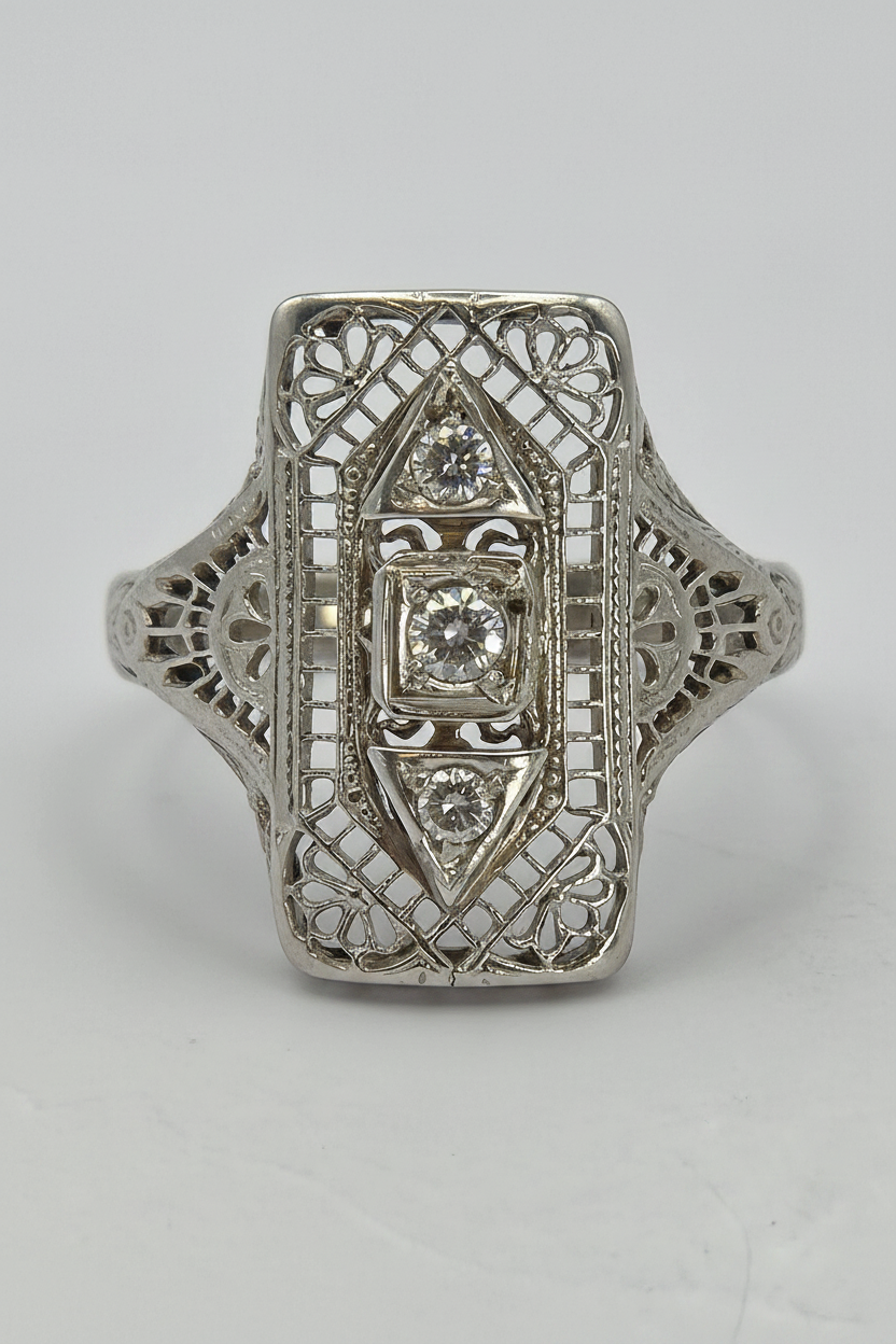 Antique Victorian 18k White Gold Filigree Diamond Ring – Enhanced