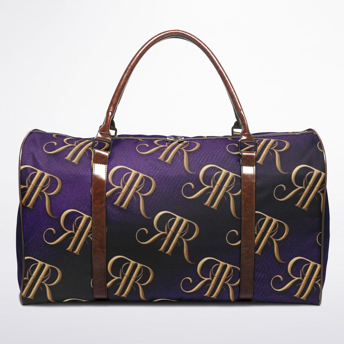 duffle bag flat showing all-over gold RR monogram and leather trim