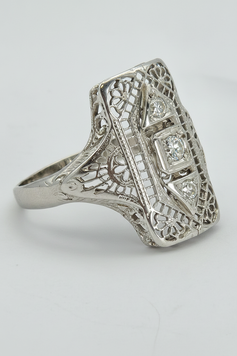 Victorian Filigree Diamond Ring – Side Angle Enhanced